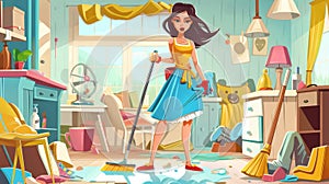 Cartoon modern illustration of an apron-wearing woman cleaning a teenage& x27;s room, wearing rubber gloves and an apron