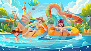 Cartoon modern illustration of children in an aquapark, an amusement park with water attractions, boy riding a slide