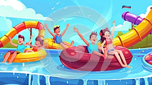 Cartoon modern illustration of children in aquapark with water attractions, boys riding slides, girl swimming in pool on