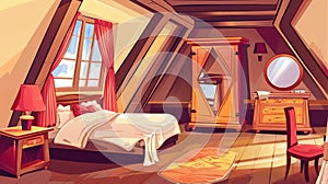 Cartoon modern illustration of a cozy loft hotel apartment with a sloping roof, mansard floor, wardrobe, dressing table