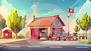 Cartoon modern illustration of a fire truck driving to a fire station building with a garage box and a red flag