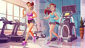 The cartoon modern illustration illustrates young women exercising in the gym, exercising with dumbbells and running on