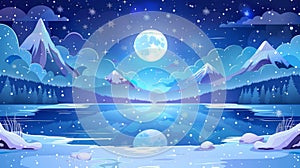 Cartoon modern illustration of a night landscape with ice in the lake, snowy mountains, stars, and clouds in the sky -