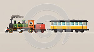 A cartoon modern illustration of old and modern trains, an antique steam railroad transport locomotive and a modern