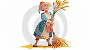 Cartoon modern illustration of a peasant woman holding a sickle and sheaf of spikelets in her hands. Female character