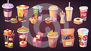 The Cartoon Modern Illustration set contains food boxes, carton bags, disposable takeout cups, sushi, rolls, pizzas