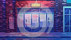 Cartoon modern illustration of a street newsstand with newspapers on the sidewalk against a brick wall at night. Title