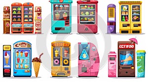 This is a cartoon modern illustration of a vending machine. It includes ice cream, soda, coffee, gum, chocolate donuts