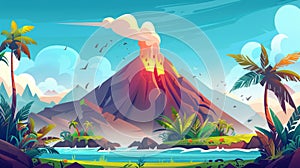 A cartoon modern landscape depicting a volcanic eruption on an island surrounded by sea or ocean water, tropical forest