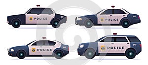 Cartoon modern police car collection. Vector object isolated on white, side view. Police sedan and jeep car set