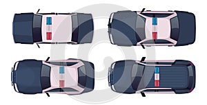 Cartoon modern police car collection. Vector object on white, view from above. Police sedan and jeep car set