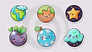 Cartoon modern set with Earth and Moon cartoon characters, cute funny planets with kawaii clouds, a mascot that's