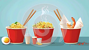 Cartoon modern set of traditional Asian food for lunch with spices, shrimp, fried eggs and sausages in red bowl, paper