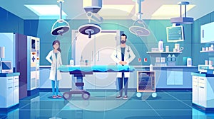 Cartoon modern of a surgeon and nurse standing in an operating room with medical equipment and instruments. Cartoon