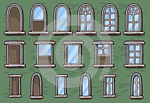 Cartoon modern windows in frame on a brick wall