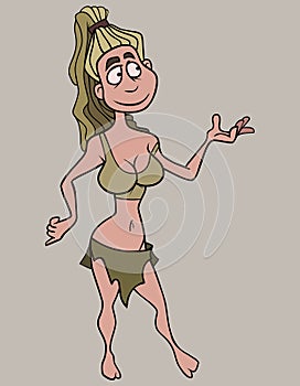 Cartoon modern woman in loincloth smiling pointing hand