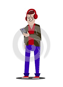 Cartoon modern young man listening to music in headphones, and communicates in social networks on a smartphone, vector