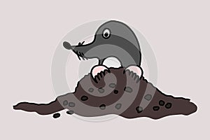 Cartoon mole animal character mascot in a molehill. Funny comic childish drawing. Isolated vector illustration.