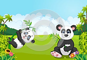 Cartoon mom and baby panda climbing bamboo tree