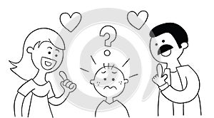 Cartoon mom and dad ask their kid which he likes more and kid is very confused, vector illustration