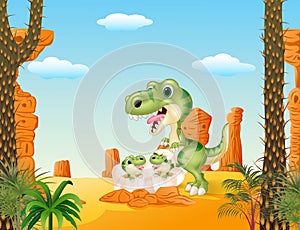 Cartoon mom tyrannosaurus dinosaur and baby dinosaurs hatching