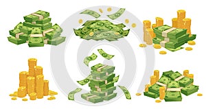 Cartoon money and coins. Green dollar banknotes pile, golden coin and rich vector illustration set