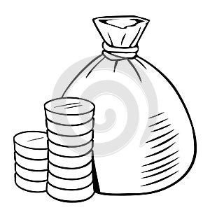 Cartoon money sack with pile of coins