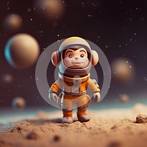 Cartoon Monkey Astronaut Walking on Lunar Surface. Espacial Travel Concept photo
