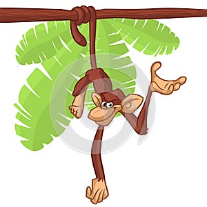 Cartoon Monkey Chimpanzee Hanging  On Wood Branch