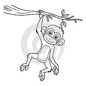 Cartoon monkey hanging on tree branch line art