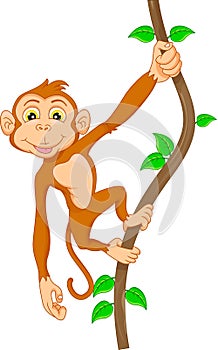 Cartoon monkey hanging in tree