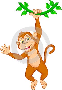 Cartoon monkey hanging in tree