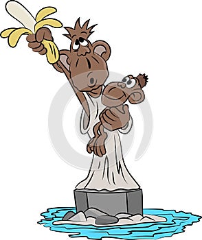 Cartoon monkey with her baby in her arms holding a banana standing like a statue of liberty vector illustration