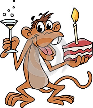 Cartoon monkey holding a birthday cake with one hand and a glass full of champagne with other, celebrating birthday