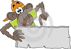 Cartoon monkey holding a blank banner in his hands vector