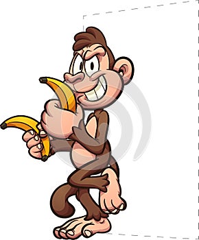 Cartoon monkey holding to bananas and leaning on something