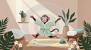 A cartoon monkey in a light green robe joyfully leaps in a serene spa-like room. photo