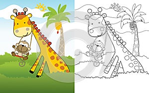 Cartoon of monkey play swing on giraffe`s neck, coloring book or page