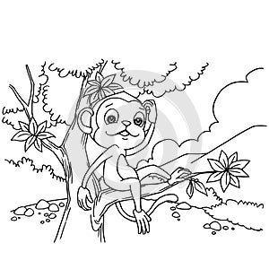 Cartoon monkey playing in the forest coloring page vector