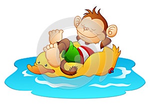 Cartoon monkey relaxing on duck lifebuoy in the water