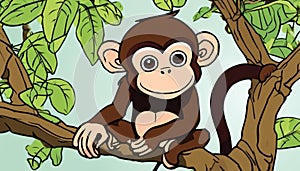A cartoon monkey sitting on a tree branch