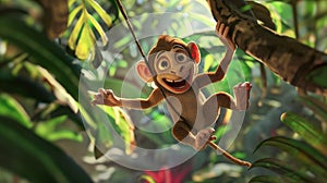 A cartoon monkey is swinging from a tree branch