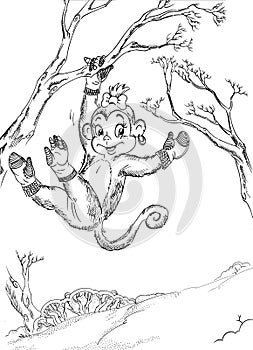 Cartoon monkey wearing gloves in the snowy winter forest