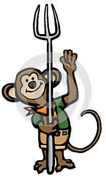 cartoon monkey zookeeper holding a pitch fork