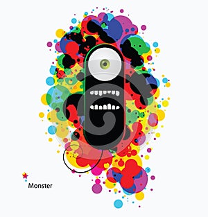 Cartoon monster on abstract asid color background