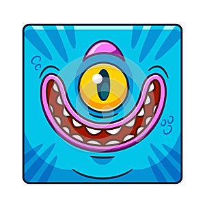 Cartoon Monster Character Face Square Icon Or Avatar. Cute and Funny Creature With One Bulging Eye, Wide Smile, Teeth