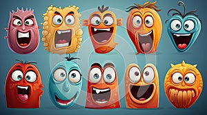 Cartoon monster characters with different facial expressions. Vector illustration