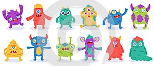 Cartoon monster characters. Halloween funny monsters, cute fluffy alien mascots, silly gremlin monsters, spooky