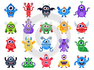 Cartoon monster. Cute happy monsters, halloween mascots and funny mutant toys. Scary creatures vector flat icon set