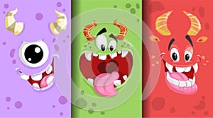 Cartoon monster emotions faces set. Cute horned monster faces with different expressions.